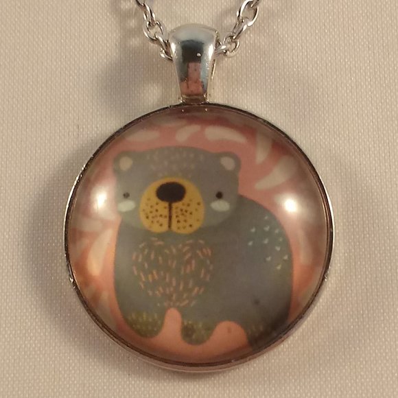 Silver Bear Heart Flower Cabochon Pendant Necklace - Picture 2 of 3